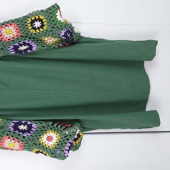 Umgee Green Top with Multicolor Crochet Sleeves Boho Linen Trendy Sz.XL - Picture 6 of 8